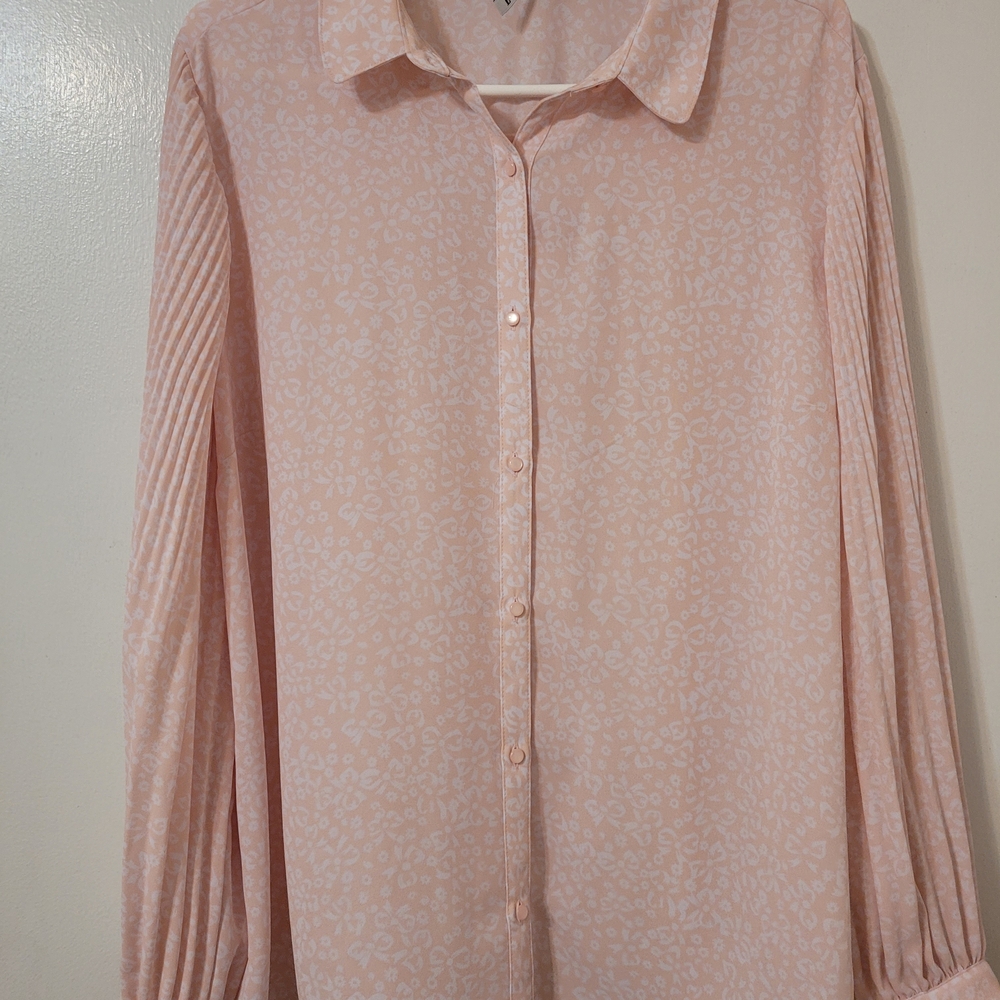 Elle Light Pink Floral Blouse Pleated Sleeves Size XL EUC